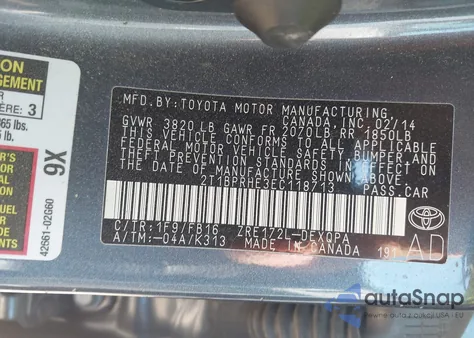 2014 Toyota Corolla Le Eco z USA, uszkodzony, nr VIN 2T1BPRHE3EC118713